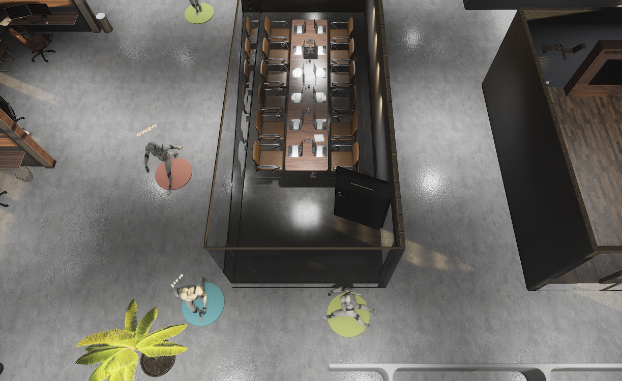 Glass-walled boardroom with a long table and agents standing on colored spawn pads