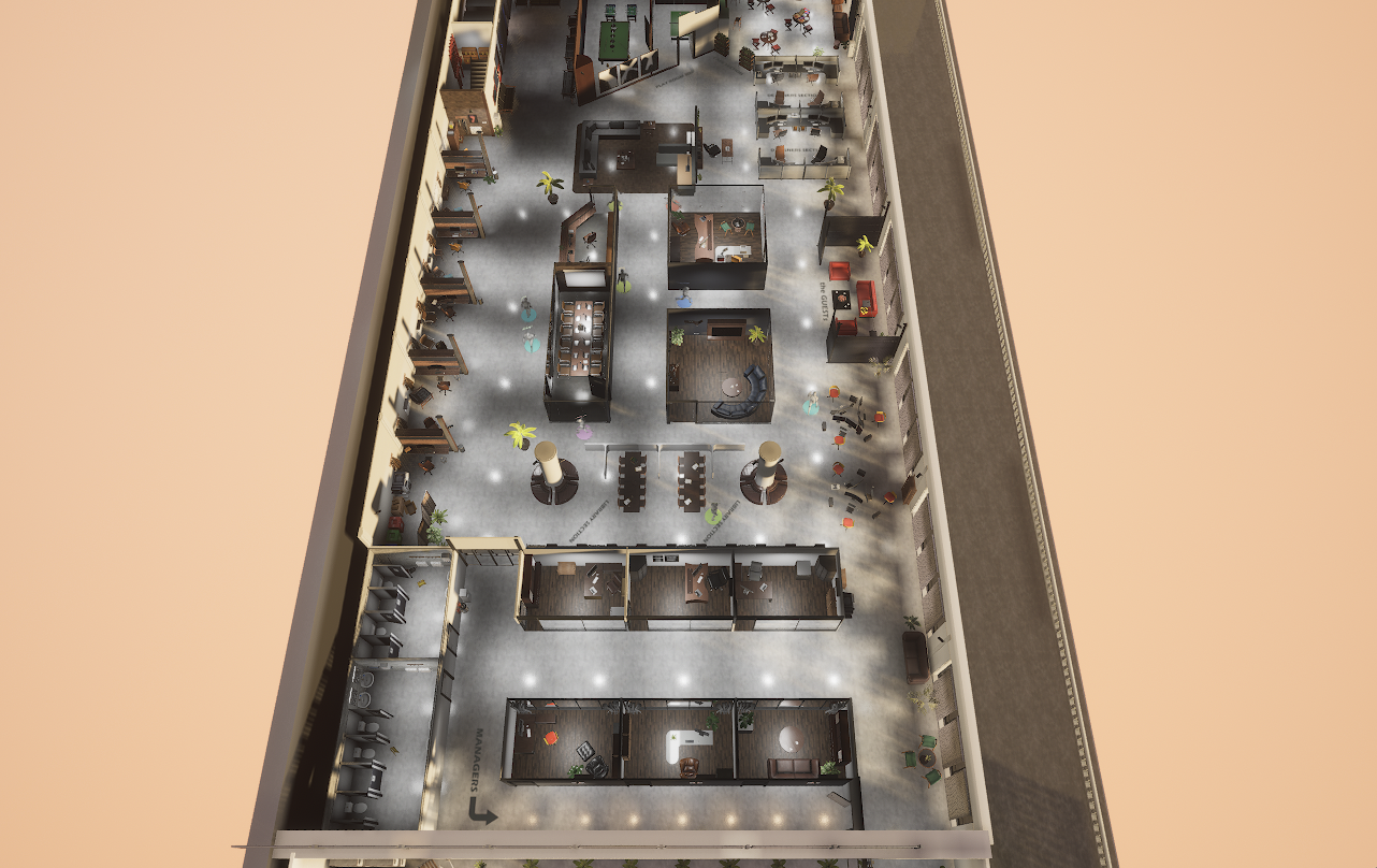 Top-down isometric render of the entire Hermes Agora virtual office building