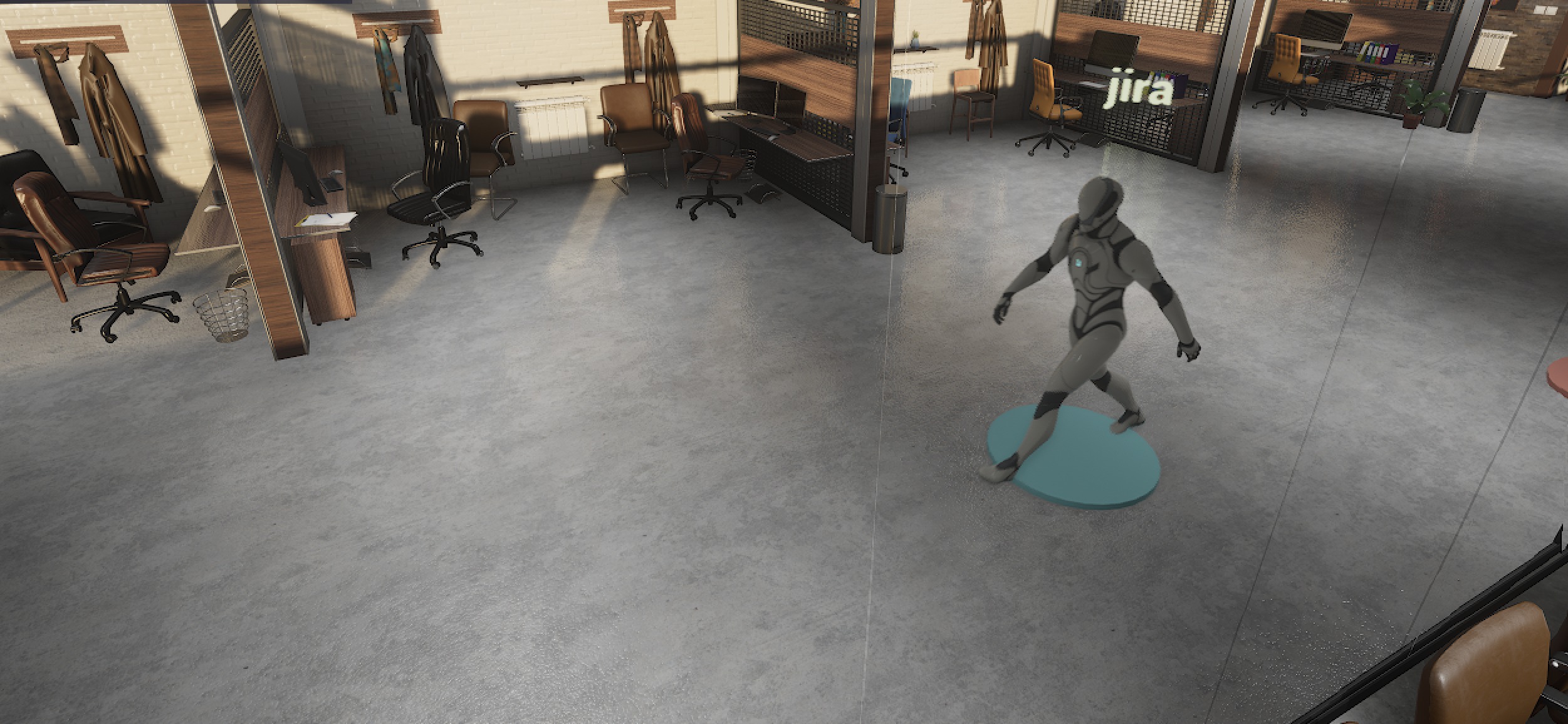 Sunlit open office with leather chairs, desks and a glowing jira wall sign with an agent on a teal pad