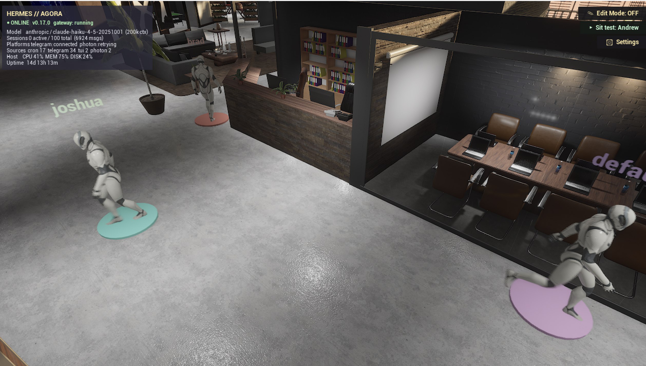 In-world view with the live Hermes Agora HUD over a reception desk, conference table and agents on spawn pads